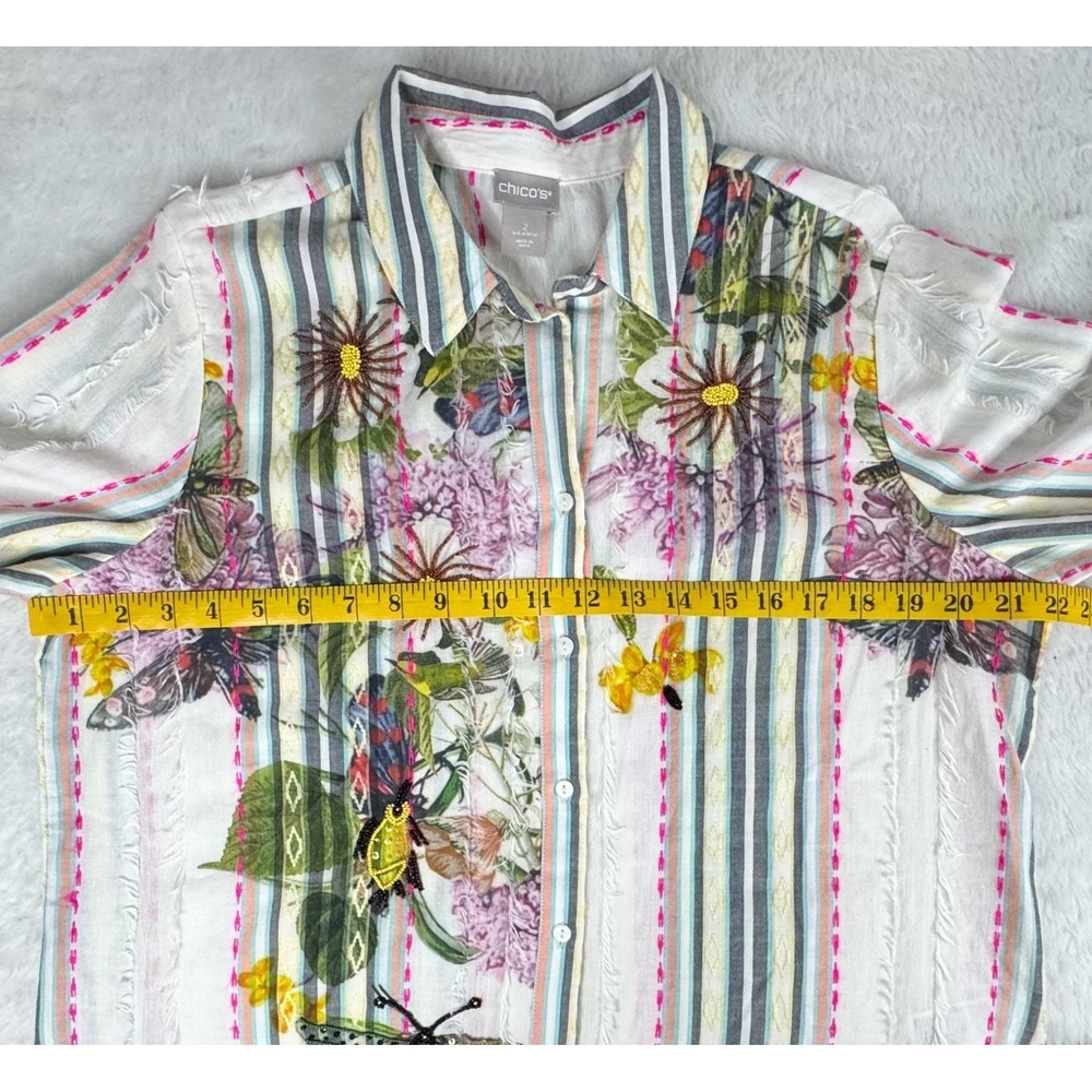 Chico's Shirt Womens 2 US 12 Embroidered Beaded Floral Stripe Boho Fringe Top - Picture 12 of 14